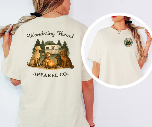 Wandering Hound Apparel Dogs sitting by the fire in front of camper shirt 0005