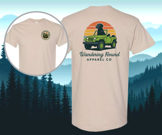 Wandering Hound Apparel Dog sitting in a Jeep